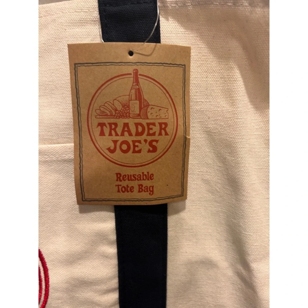 Trader Joe's Reusable Canvas Tote Bag Cream Navy Blue Embroidered Logo NWT